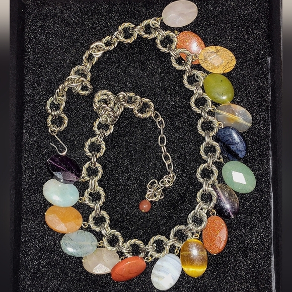 VINTAGE MULTI-WIRED SILVER NATURAL & SYNTHETIC GEMSTONE DANGLE NECKLACE UPTO 18" - Picture 9 of 11